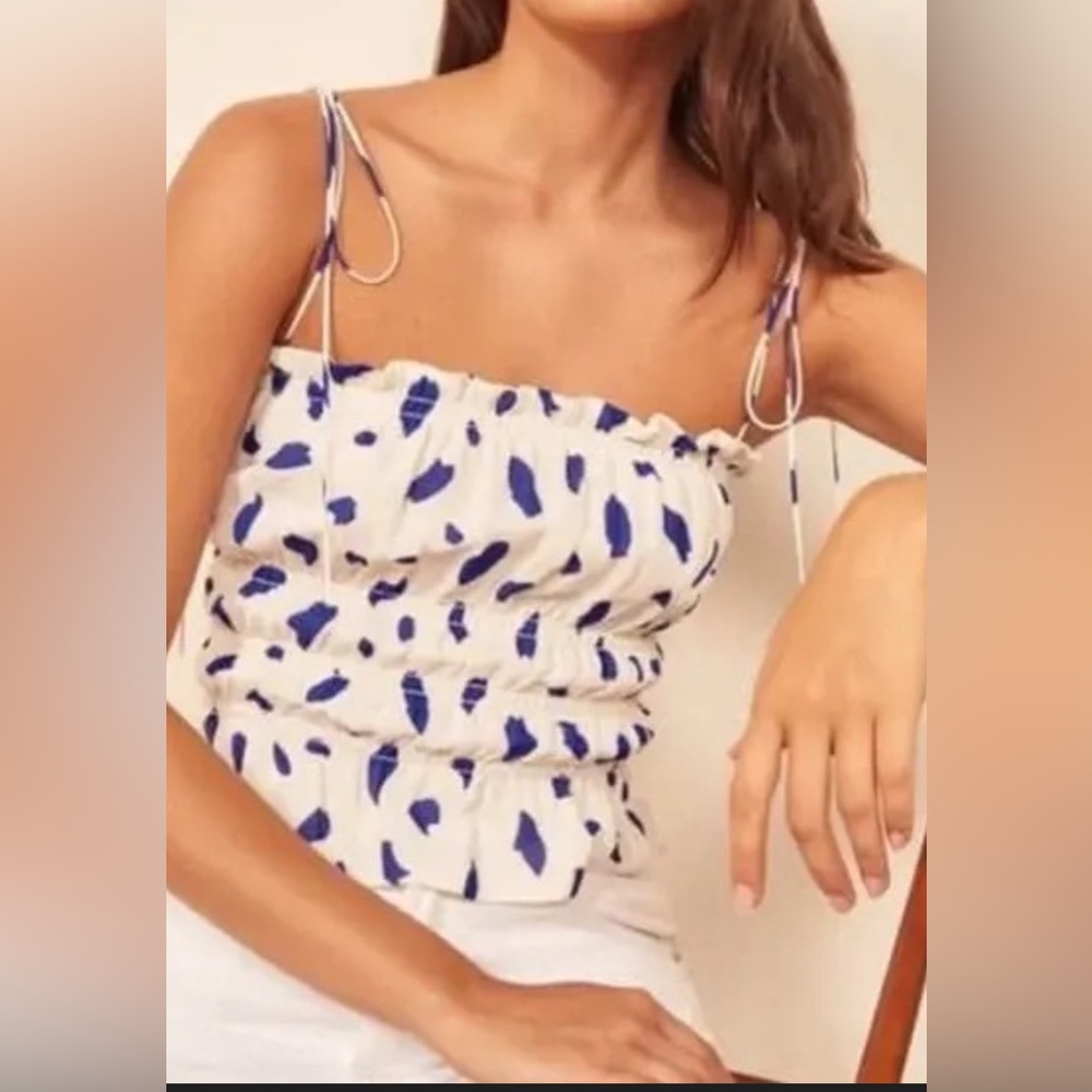 Reformation Smocked Tie Strap Top White Blue Print Size S